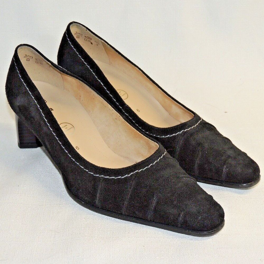Rene by Ara Pumps Womens 8.5G Black Suede Block Heel Pointed Toe Germany Classic